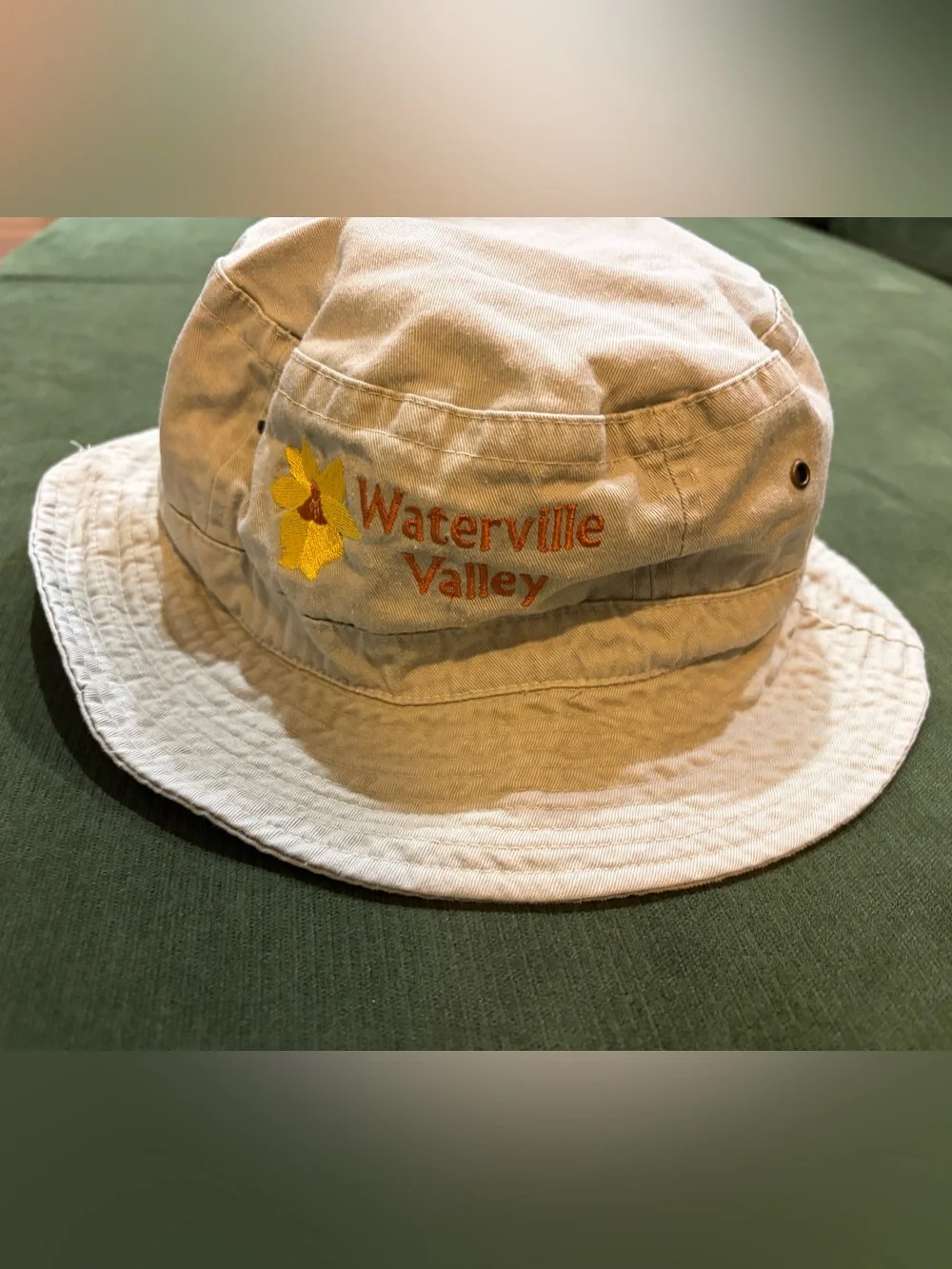 Waterville Valley Embroidered Beige Bucket Hat | Cotton Sun Hat | Adult